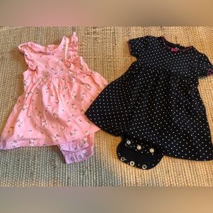 CARTER’S 2 summer dresses sz 6 mos. Both have built in pants and snaps in back